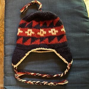 D&Y 💯% Wool Winter Hat Navy,Red&White Design; Side Flaps over Ears;Braided Sides